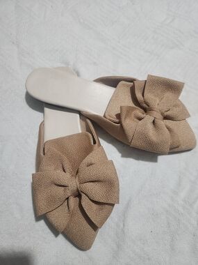 Pointed Bow Slide Flats in Tan